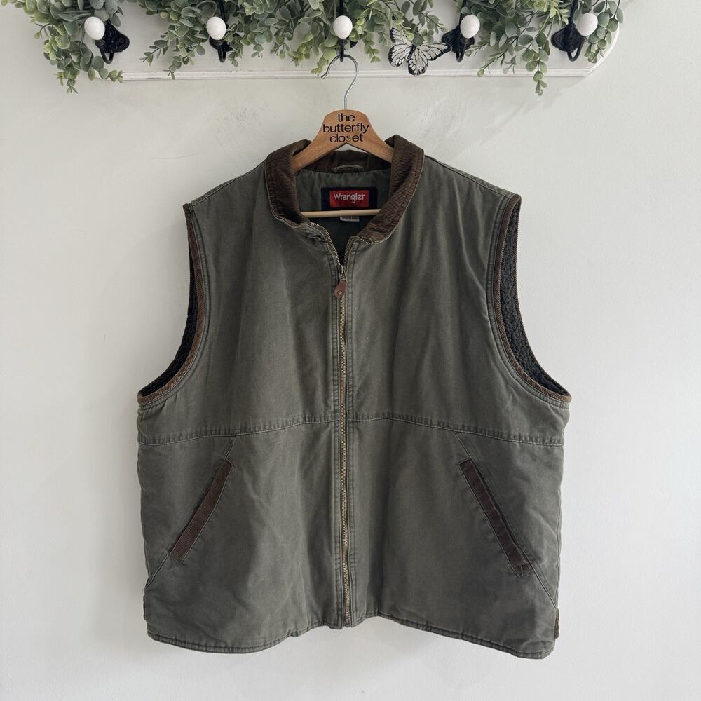 Men’s Vintage Wrangler olive Chore canvas work vest Courdory Collar Sherpa Xl